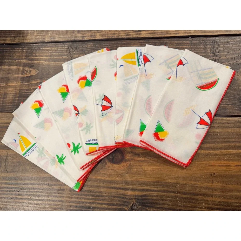 Vintage Summer Beach Napkins Set of‎ 8 Red Trim Watermelon Sailboat NOS 17x17